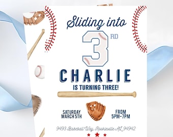 Baseball 3rd birthday invitation sliding into third 3rd birthday party, Baseball party printable invitation 3, printable template instant