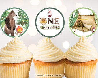 One happy camper cupcake toppers instant download printable. Campfire bonfire outdoor birthday decorations, S'mores party first birthday