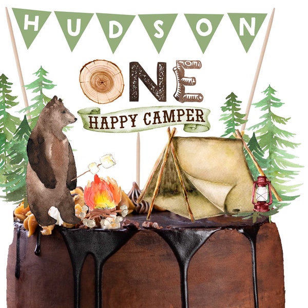 PRINTABLE One Happy Camper cake topper - Instant download cake topper One happy camper - Bear lumberjack first birthday camping tent s'mores