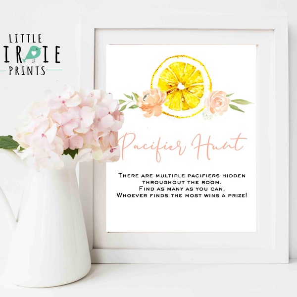 Lemon baby shower game Pacifier hunt Game Pink Lemon pacifier hunt game Lemonade baby shower decorations instant download game ring hunt