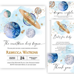Invitación editable para baby shower en el espacio, La cuenta regresiva ha comenzado invitación Galaxy Blast off Moon rifa de pañales libros para bebé paquete de agradecimiento
