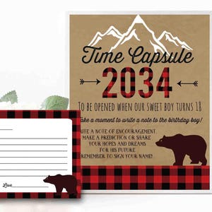 LUMBERJACK TIME CAPSULE Lumberjack First birthday party game Lumberjack time capsule Bear Time capsule Buffalo Plaid with cards