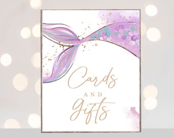 Sirena fiesta de cumpleaños firmar tarjetas y regalos Descarga instantánea púrpura cola de sirena decoraciones de cumpleaños baby shower girl mesa de regalo púrpura