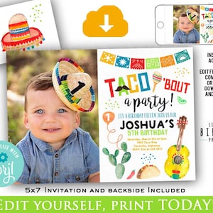 Taco &#39;bout a party Invitation FIESTA birthday invitation printable Sombrero Cactus Birthday Invitation First birthday instant download photo