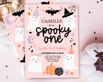 Spooky One Halloween Ghost 1st Birthday Party Invitation Editable, Pink Ghost First Birthday Spooktacular 1st Birthday Instant download