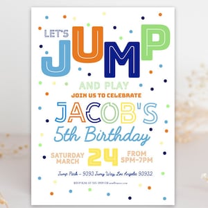 TRAMPOLINE BIRTHDAY INVITATION Boy Trampoline party Jump party Jump invitation Bounce castle Trampoline park Birthday party invite blue