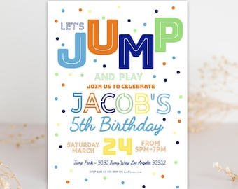 TRAMPOLINE BIRTHDAY INVITATION Boy Trampoline party Jump party Jump invitation Bounce castle Trampoline park Birthday party invite blue
