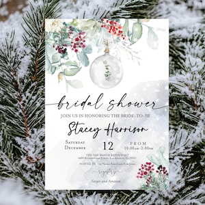 Editable WINTER Bridal Shower Invitation,  Greenery Eucalyptus Bridal Shower Invitation, Snow bridal shower Christmas red pine trees