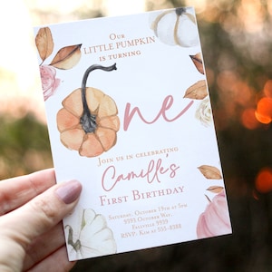 Girl Pumpkin first birthday invitation Our little Pumpkin is turning one, Girl Autumn Fall 1st birthday party leaves flowers pink orange