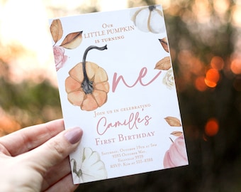 Girl Pumpkin first birthday invitation Our little Pumpkin is turning one, Girl Autumn Fall 1st birthday party leaves flowers pink orange