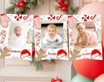 May include: A set of three rectangular photo banners featuring a Christmas theme with gingerbread cookies, candy canes, and mittens. The banners display the text Newborn, 1 Month, and 2 Months, each framing a photograph of an infant in a different pose.