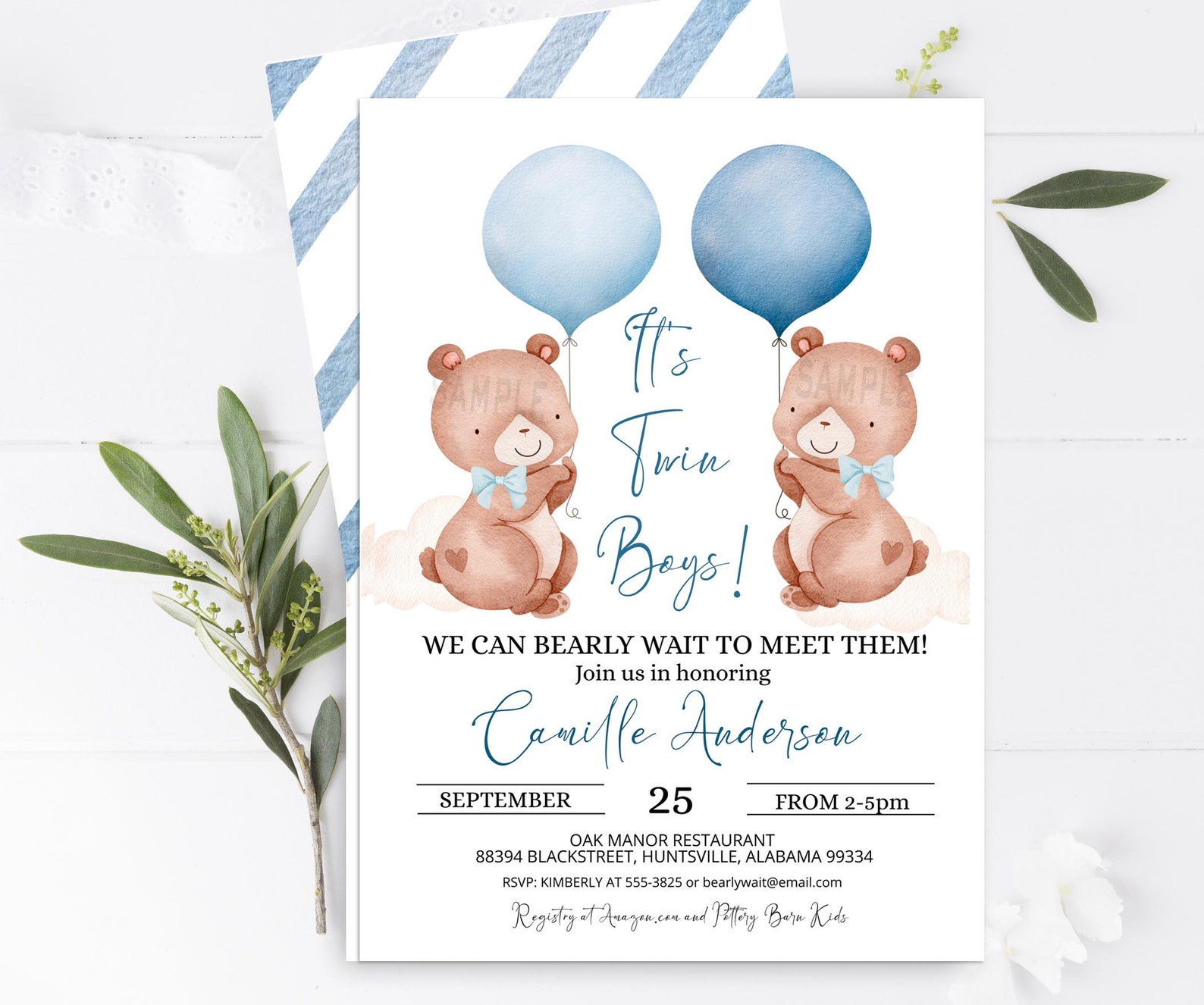 Twin Boys Baby Shower Invitation Boy Bear Blue Balloons Baby Etsy