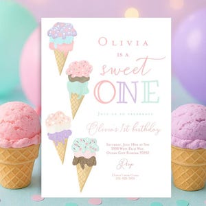 May include: A pink, purple, and blue ice cream cone birthday invitation with the text "Olivia is a sweet one" and details for a first birthday party.