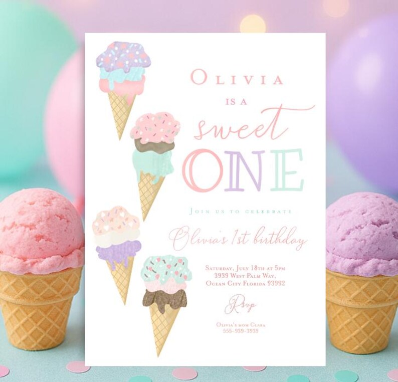 May include: A pink, purple, and blue ice cream cone birthday invitation with the text "Olivia is a sweet one" and details for a first birthday party.