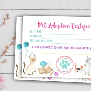 Kitty cat birthday party - Kitty adoption certificate - Cat adoption certificate - Adopt a pet party favor instant download printable