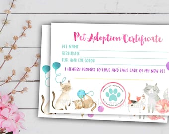 Urodziny kotka - Certyfikat adopcji kotka - Certyfikat adopcji kota - Adoptuj zwierzaka - natychmiastowe pobranie i wydrukowanie upominku na przyjęcie