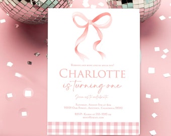 Pink bow first birthday invitation, Coquette Pink bow birthday invitation, Ribbons and bows, ONE 1st birthday invitation, gingham