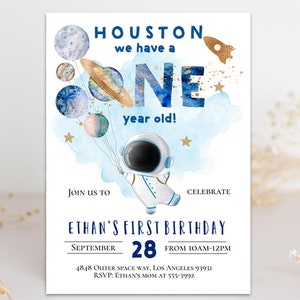 Editable Space Birthday Invitation First Trip Around The Sun Houston we have a one year old, Astronaut Outer Space Planet rocket blast off
