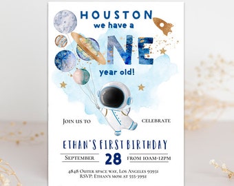 Editable Space Birthday Invitation First Trip Around The Sun Houston we have a one year old, Astronaut Outer Space Planet rocket blast off