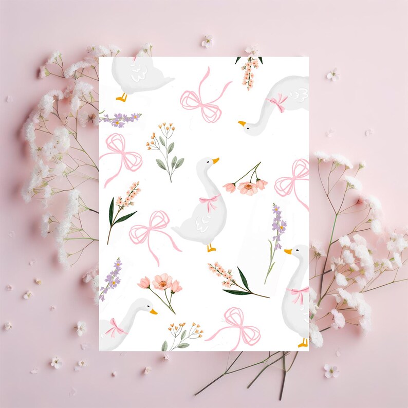 May include: A white background with a repeating pattern of white geese, pink bows, and pink and purple flowers.