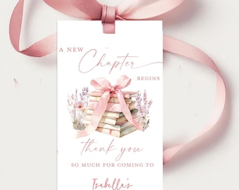 May include: A white gift tag with a pink ribbon. The tag features the text "A New Chapter Begins" and "Thank You". A watercolour illustration of a stack of books with a pink bow and lavender flowers is also on the tag. The tag is for Isabella's Baby Shower.
