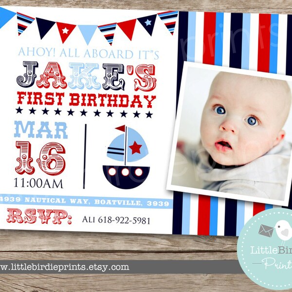 NAUTICAL INVITATION BOAT Printable for birthday party first birthday or any age stars and banner. Photo