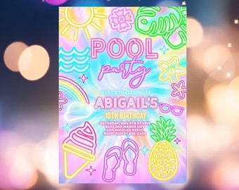 Pool party birthday invitation, Pool party invitation, Glow teen invitation, Splish splash invite tropical summer birthday party