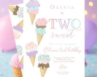 Two sweet birthday invitation, Ice cream 2nd birthday invitation, Sweet shoppe ice cream truck party, second birthday invitation girl pink