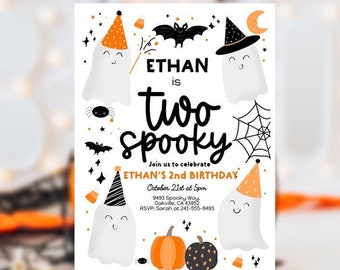 TWO SPOOKY Halloween Ghost 2nd Birthday Party Invitation Editable, Ghost Second Birthday Spooktacular 2nd Birthday Instant download boy