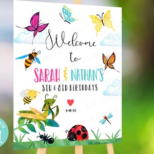 Butterflies and bugs birthday party welcome sign Insects birthday boy and girl party little entomologist, bugs butterfly boy and girl invite
