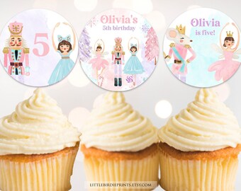 Nutcracker birthday party cupcake toppers cake topper, favor tag, Pastel pink Christmas printable decorations Ballerina sugar plum fairy