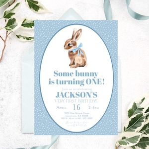 Boy Bunny first birthday invitation Blue bunny Rabbit birthday party invitation, Some bunny is turning one 1st Birthday Vintage party invite