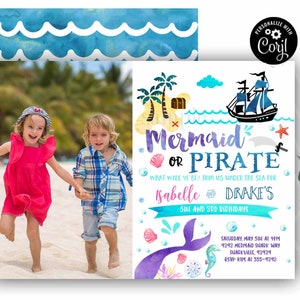 ZEEMEERMIN en piraat UITNODIGING Zeemeermin en piraat verjaardagsuitnodiging Dubbele broer of zus jongen meisje verjaardagsuitnodiging onder de Sea Pool Party