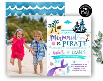 MERMAID and Pirate INVITATION Mermaid and pirate birthday invitation Dual Sibling Boy Girl Birthday Invitation Under the Sea Pool Party