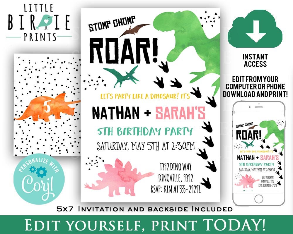 DINOSAUR BIRTHDAY INVITATION Dinosaurs Invitation Watercolor Etsy
