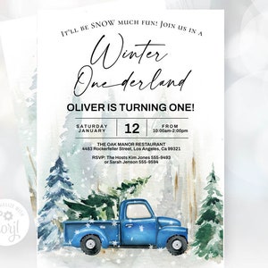 Editable Winter ONEderland Invitation BOY, Pine Trees Truck Christmas Tree Snow first birthday invitation, Forest Trees , download