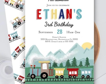 May include: A colorful invitation for a 3rd birthday party with a train theme. The invitation features a cartoon train with colorful cars traveling through a mountain landscape. The text on the invitation reads "All aboard! Join us to celebrate Ethan's 3rd Birthday. September 28, 10AM-2PM. Ethan's Station, 3939 Mountain Way, Railwayville CA 93932. RSVP: Ethan's Mom at 555-9393."