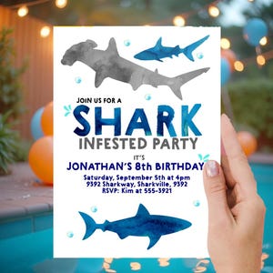 SHARK BIRTHDAY INVITATION  Shark Birthday party invitation  Shark Party Hammerhead shark Watercolor Boy Pool Party Summer Instant download