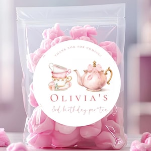 Autocollant pour étiquette de cadeau de fête du thé, thé pour deux Thé pour trois anniversaires, étiquette de remerciement pour fête d'anniversaire, anniversaire de fête de jardin de thé avec un noeud rose