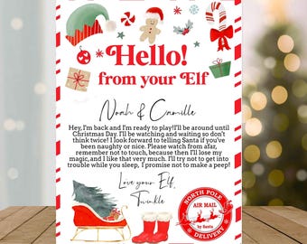 May include: A red and white striped card with a Christmas elf theme. The card has a message that says "Hello! from your Elf Noah & Camille" and includes a message from the elf. The card also has a red and white North Pole Air Mail stamp.