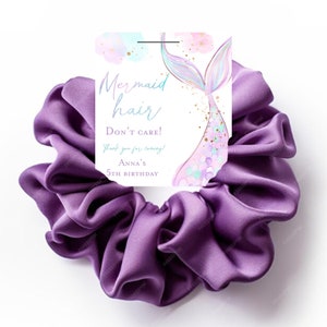 Zeemeermin partij gunst tag, zeemeermin haar maakt het niet uit scrunchie tag voor partij gunst bedankcadeau, zeemeermin verjaardagsfeestje cadeau tag bewerkbaar