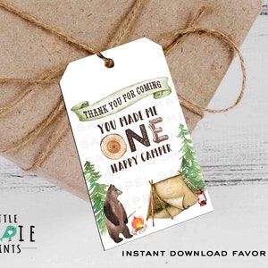 ONE HAPPY CAMPER First birthday favor tags One happy camper birthday decorations thank you party favor tags Bear Camp Outdoor lumberjack