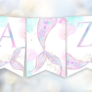 Mermaid birthday banner printable, Oneder the sea birthday party under the sea decorations mermaid party, pastel mermaid bunting name
