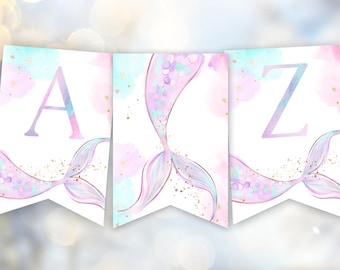 Meerjungfrau Geburtstagsbanner druckbar, Oneder the sea Geburtstagsparty unter dem Meer Dekorationen Meerjungfrauenparty, Pastell Meerjungfrau Wimpelkette Name