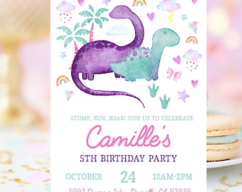 GIRL DINOSAUR BIRTHDAY Invitation Dinosaurs invitation Dinosaur birthday party Instant download printable editable invite pink