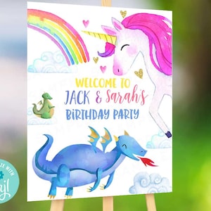 Unicorn and Dragon birthday party welcome sign Unicorns and dragons birthday decorations Editable on Corjl instant download boy and girl