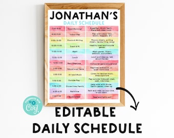 Peut inclure: Un horaire quotidien imprimable coloré pour les enfants avec un fond aquarelle arc-en-ciel. L'horaire comprend les heures pour des activités comme le petit-déjeuner, le jeu en intérieur, la phonétique, la collation, les mathématiques, le déjeuner, le repos, les jeux éducatifs, l'art, la musique, le jeu en extérieur, le dîner, le bain et les livres. Le texte "JONATHAN'S DAILY SCHEDULE" est en haut du tableau. Le texte "EDITABLE DAILY SCHEDULE" est en bas du tableau.