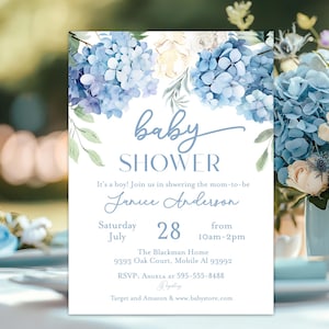 Blue Hydrangea Baby shower invitation, Boy Blue baby shower invitation flowers blooms summer blue white baby shower invitation, tea brunch