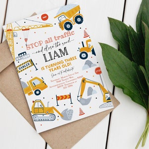 Construction birthday invitation Editable construction invitation Dump Trucks vehicles bulldozer digger Construction site invite template