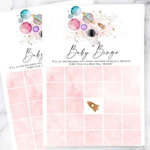 Girl Astronaut baby shower game space baby bingo game, stars galaxy planets baby shower blast off to the moon baby shower balloons game